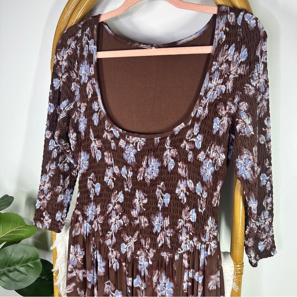 Free People Brown Floral Ruche Midi Dress sz S - Picture 4 of 7